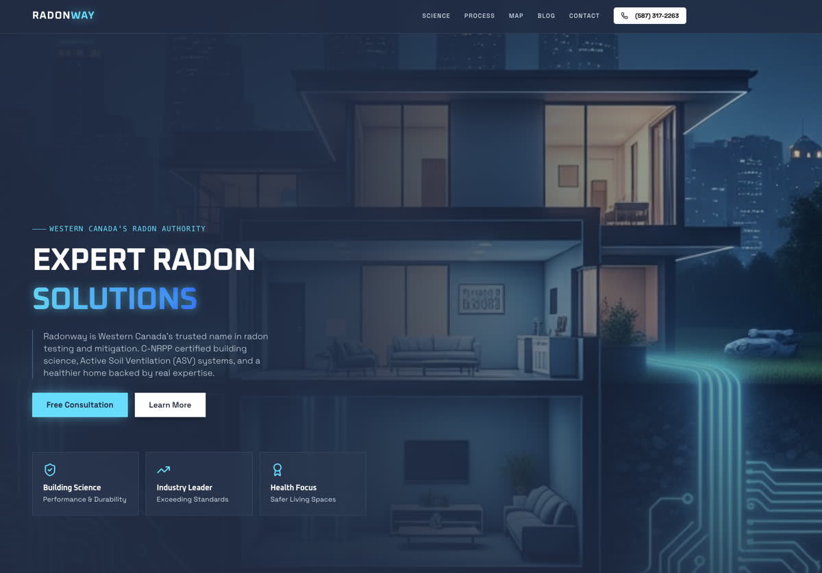 Radonway homepage: Expert Radon Solutions hero with cutaway smart home visual