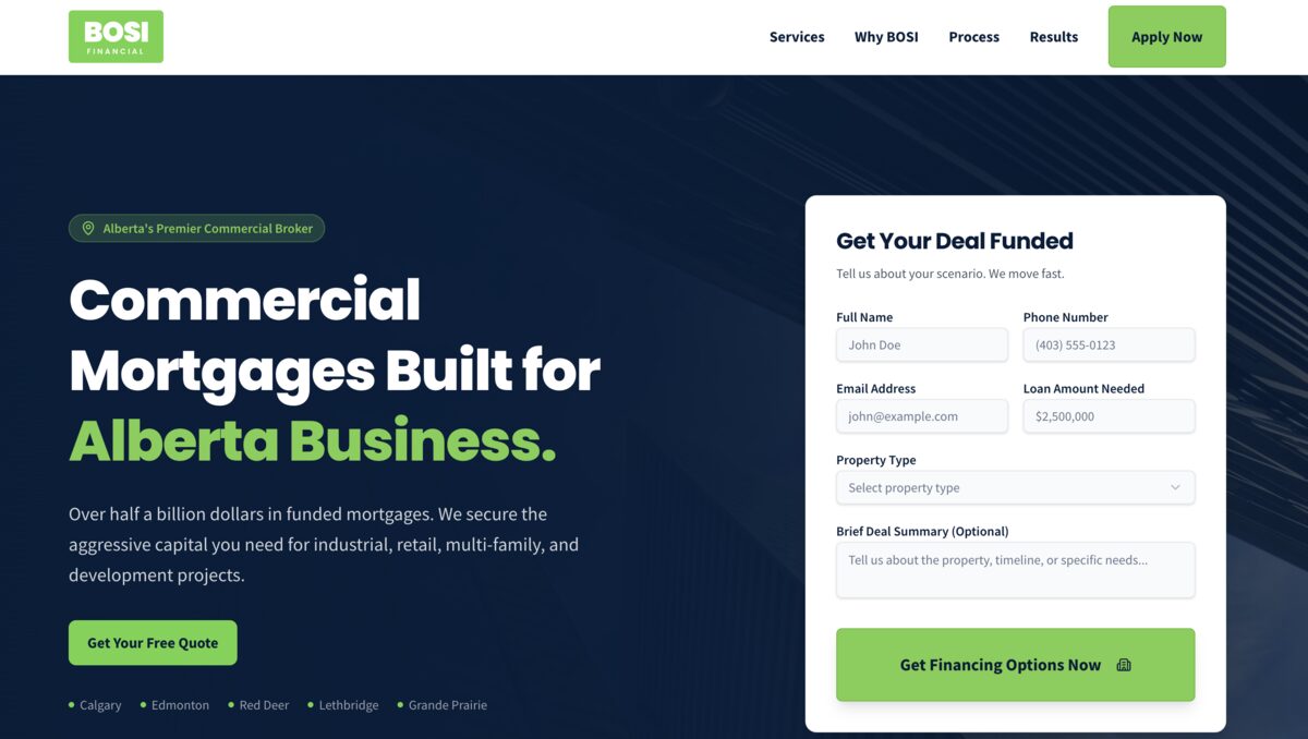 BOSI Financial website, a commercial mortgage brokerage with a deal funding inquiry form
