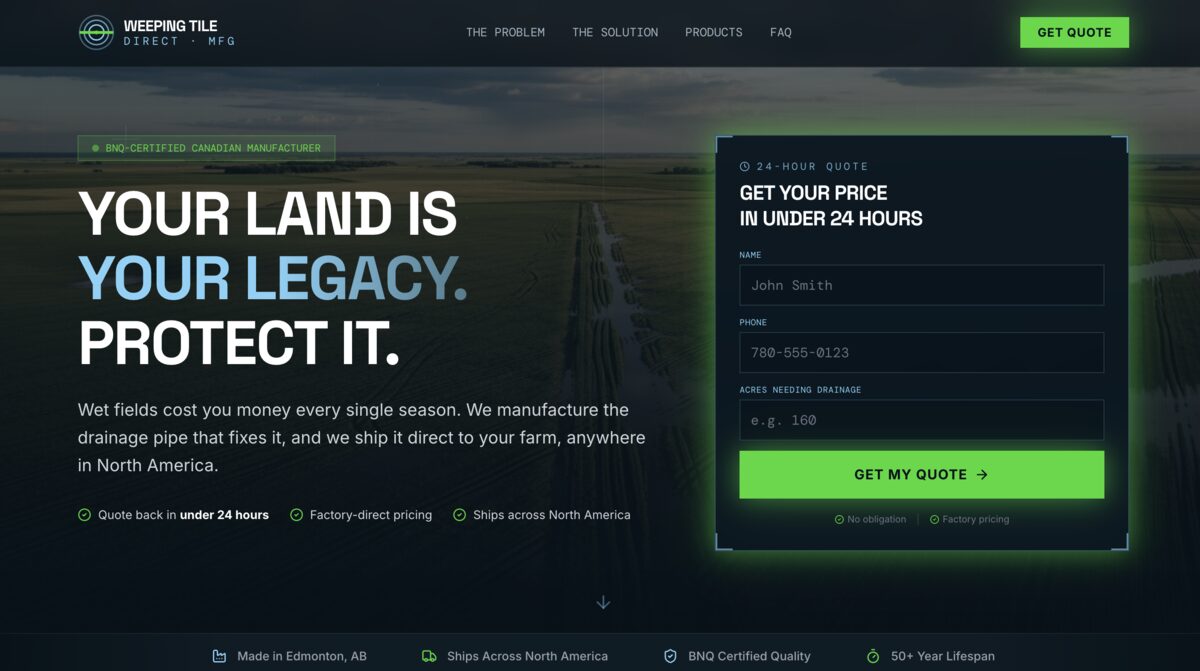 Weeping Tile Direct website, a factory-direct drainage pipe manufacturer with a 24-hour quote form