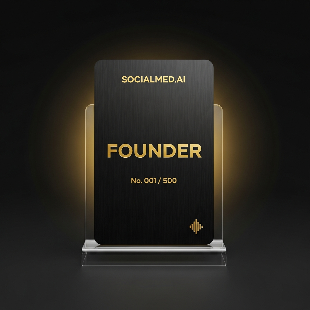 socialmed.ai Founder Pass — numbered black metal membership card with gold engraving
