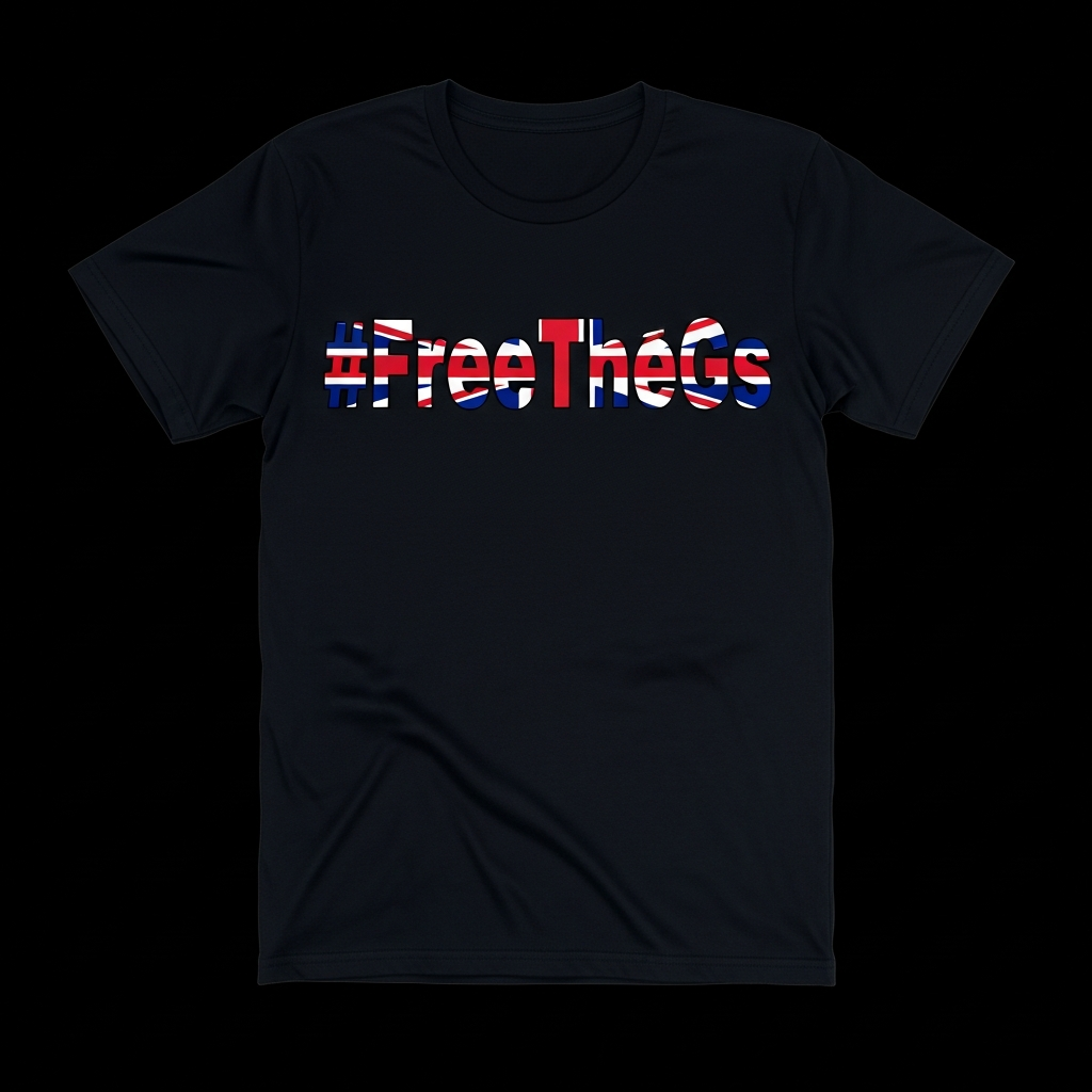 #FreeTheGs tee, heavyweight navy shirt with the hashtag printed in Union Jack red, white and blue lettering