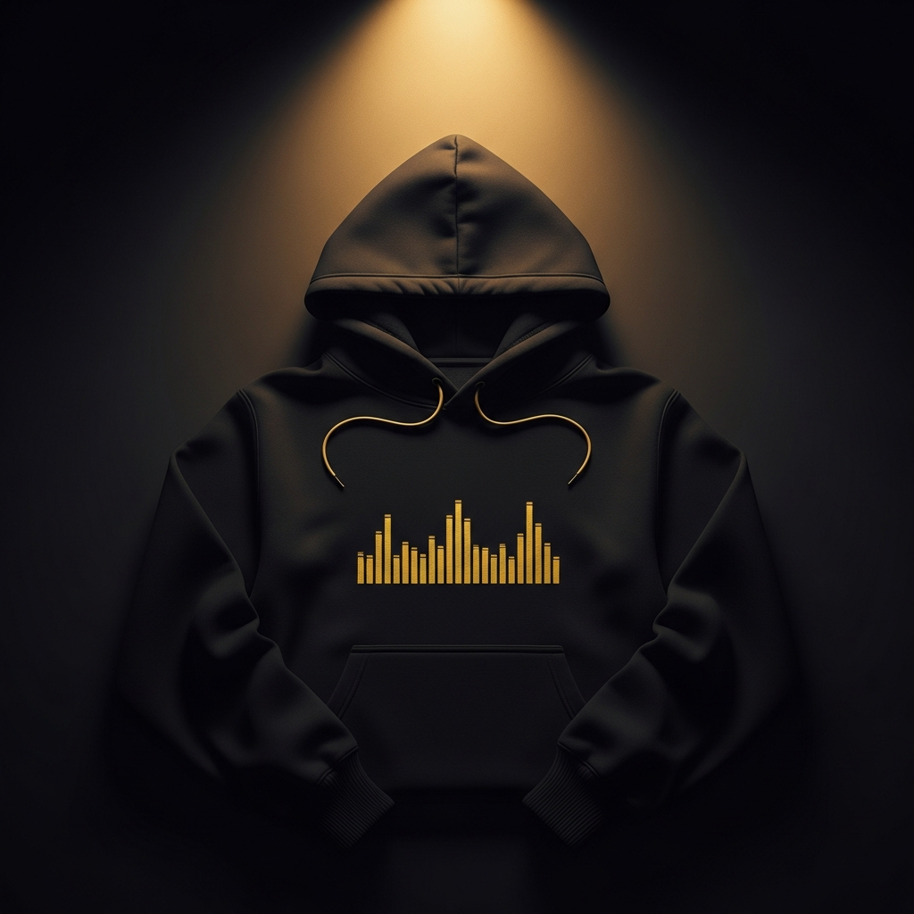socialmed.ai Sound Drop Hoodie — black heavyweight pullover with gold chest waveform mark