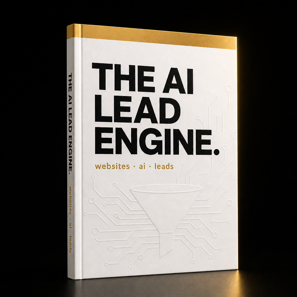 The AI Lead Engine: white playbook with gold accent bar, websites, AI tools and lead generation, socialmed.ai