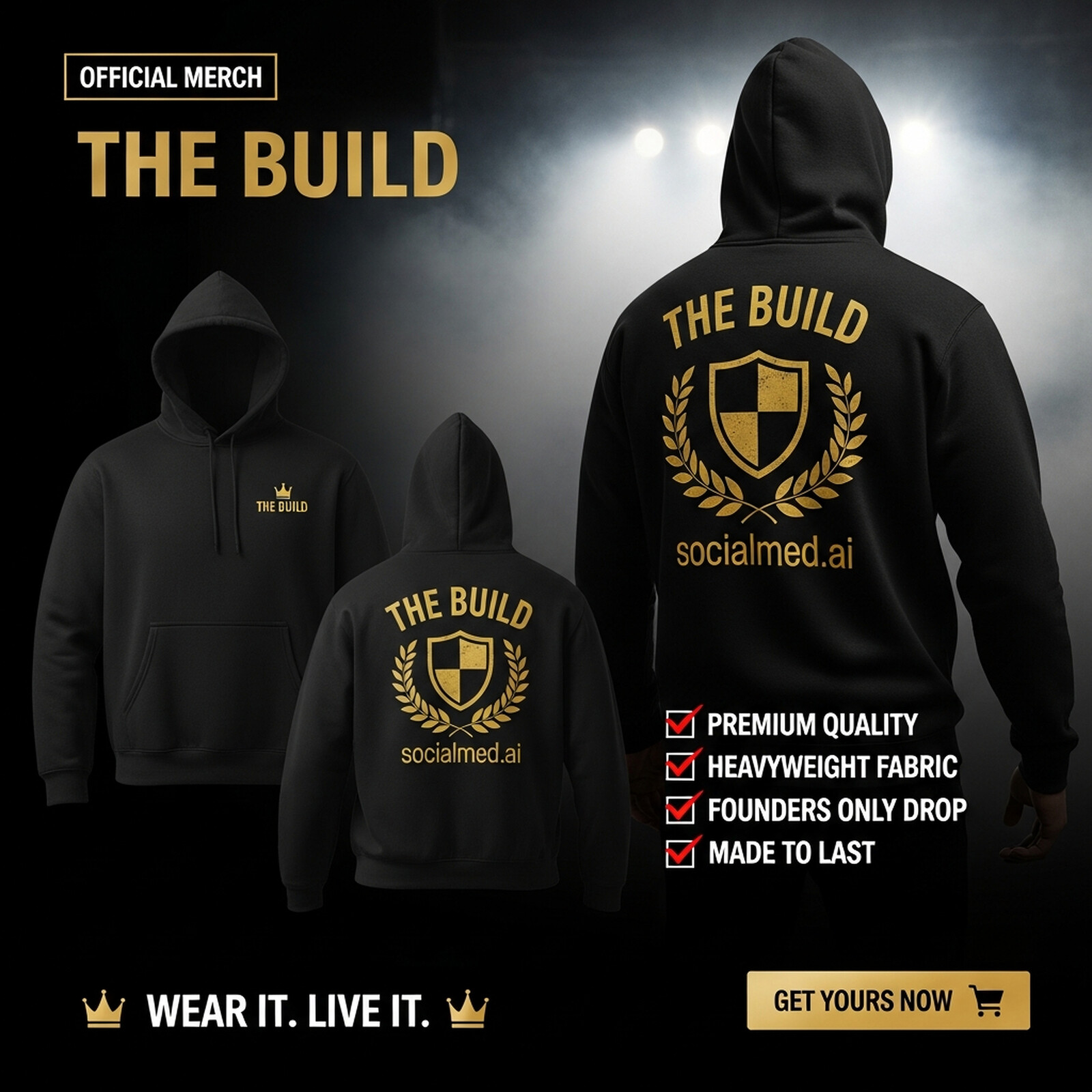THE BUILD Hoodie — heavyweight black pullover with gold THE BUILD crest, crown chest mark on front, shield-in-laurel crest and socialmed.ai on back