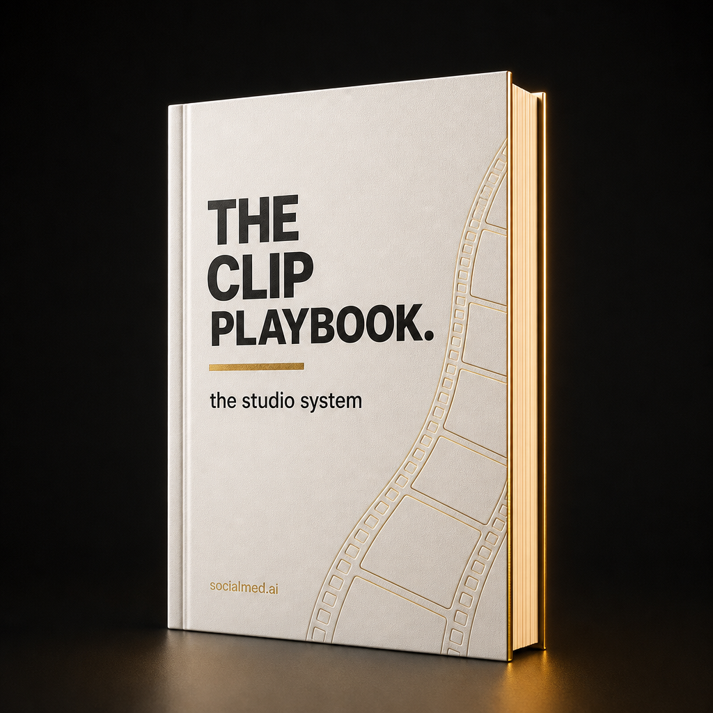The Clip Playbook — white book with gold film strip embossing, the studio system, socialmed.ai