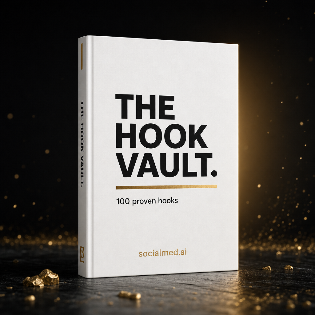 The Hook Vault — white booklet with gold accent bar, 100 proven hooks, socialmed.ai